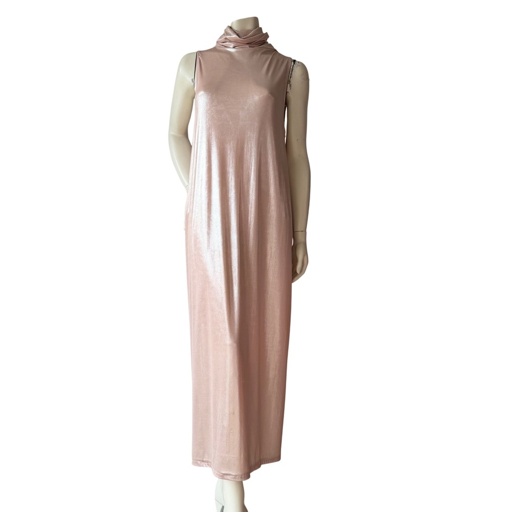 Simple NWT Metallic Sheer Maxi Dress Rose‎ Gold Turtleneck Disco Glam Festival L